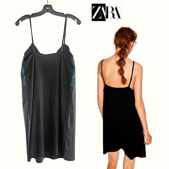 ZARA NEW Goth Embroidered-Lace Sweetheart Faux Leather Spaghetti Strap Dress M - Picture 8 of 11